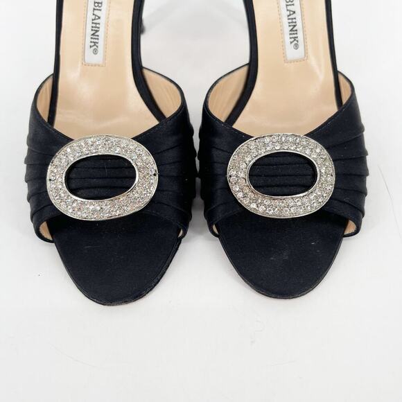 Manolo Blahnik y2k Black Satin Sedaraby Crystal D’Orsay Peep Toe Heels IT 37 - Picture 6 of 10